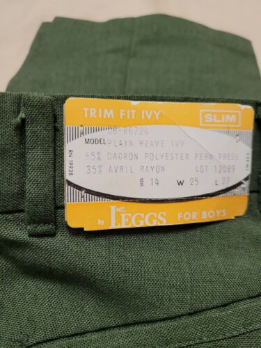 Vintage Leggs Trim Fit Plain Weave Nwt Boys Green Slacks  size 25x27 size 14