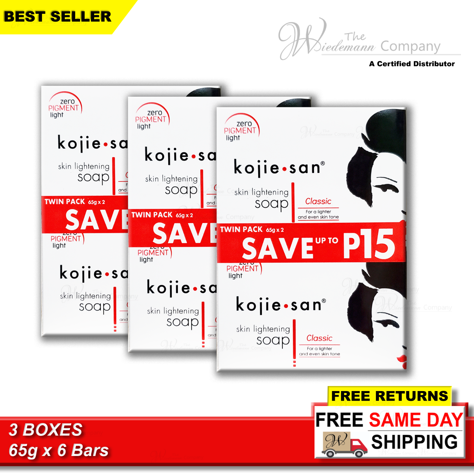 Original Kojie San Kojic Acid Skin Whitening Soap  65g x 6