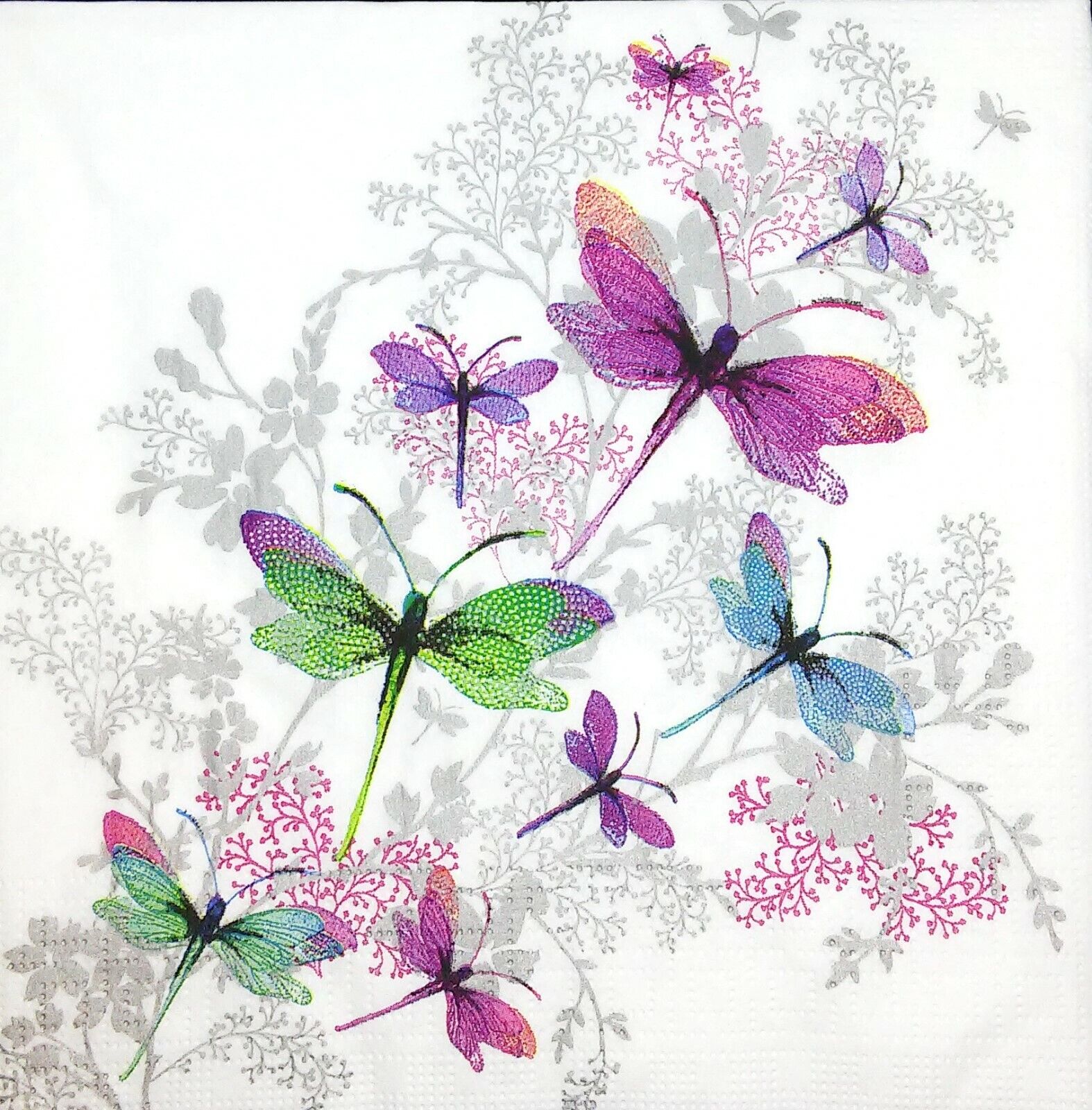 M425# 3 X Single Paper Tissues Decoupage Napkins Purple Dragonflies Flock